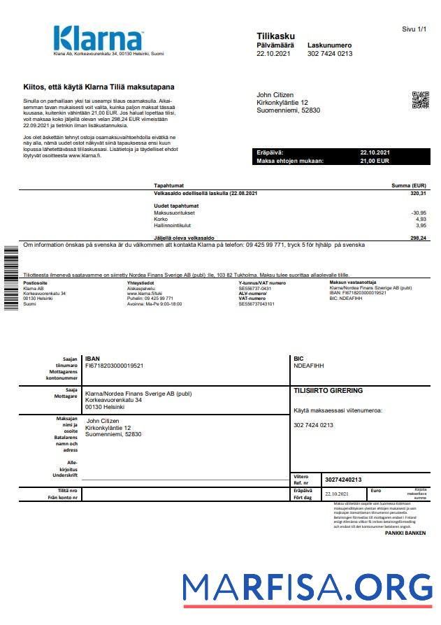 Printable Finland Klarna bank statement word sample